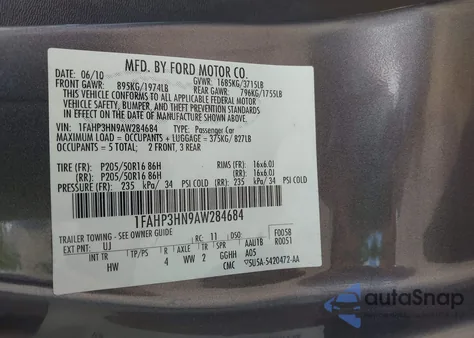 2010 Ford Focus Sel из США, поврежденный, VIN 1FAHP3HN9AW284684